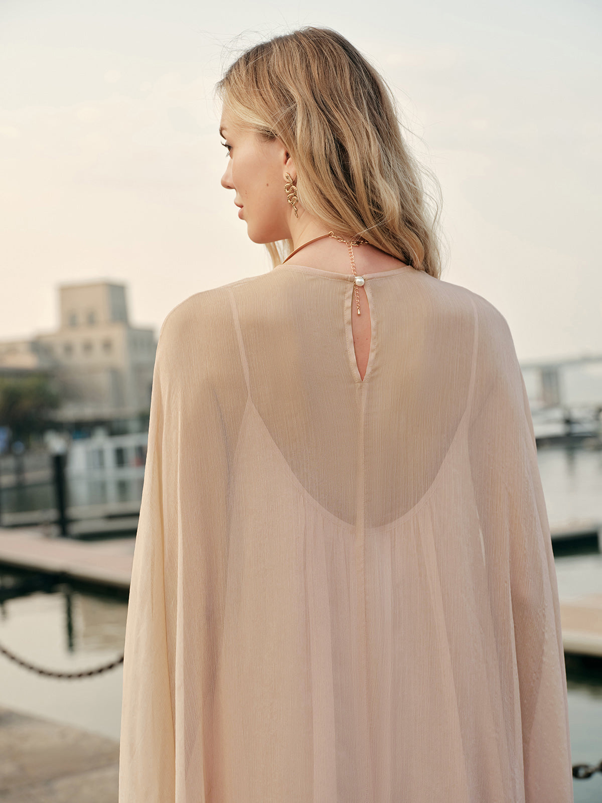 Semi-Sheer Chiffon Layered Dress With Cloak