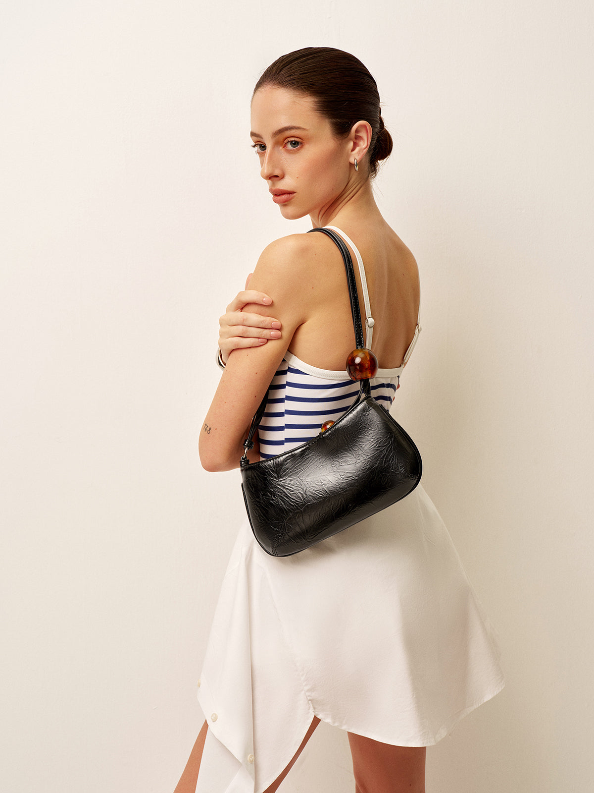 Beaded Strap Faux Leather Shoulder Bag