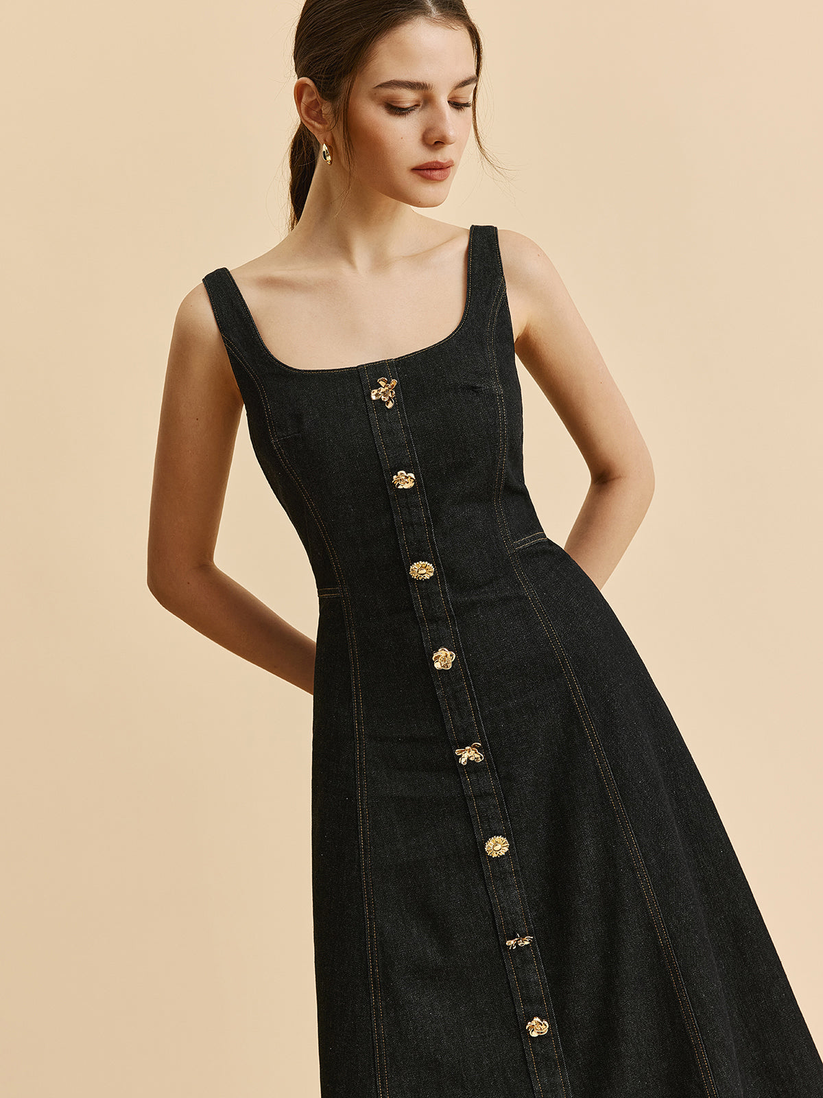 Square Neck Denim Button Dress