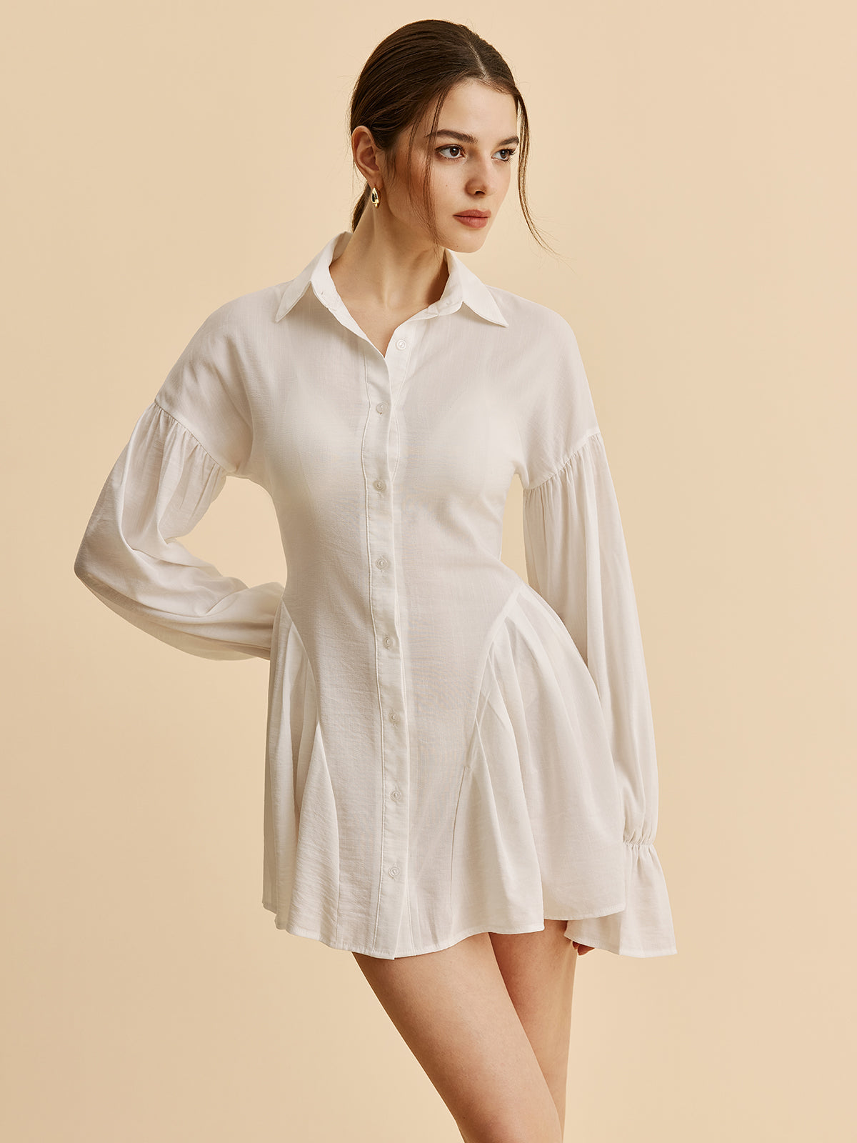 Semi-Sheer Balloon Sleeve Button-Up Shirt Dress