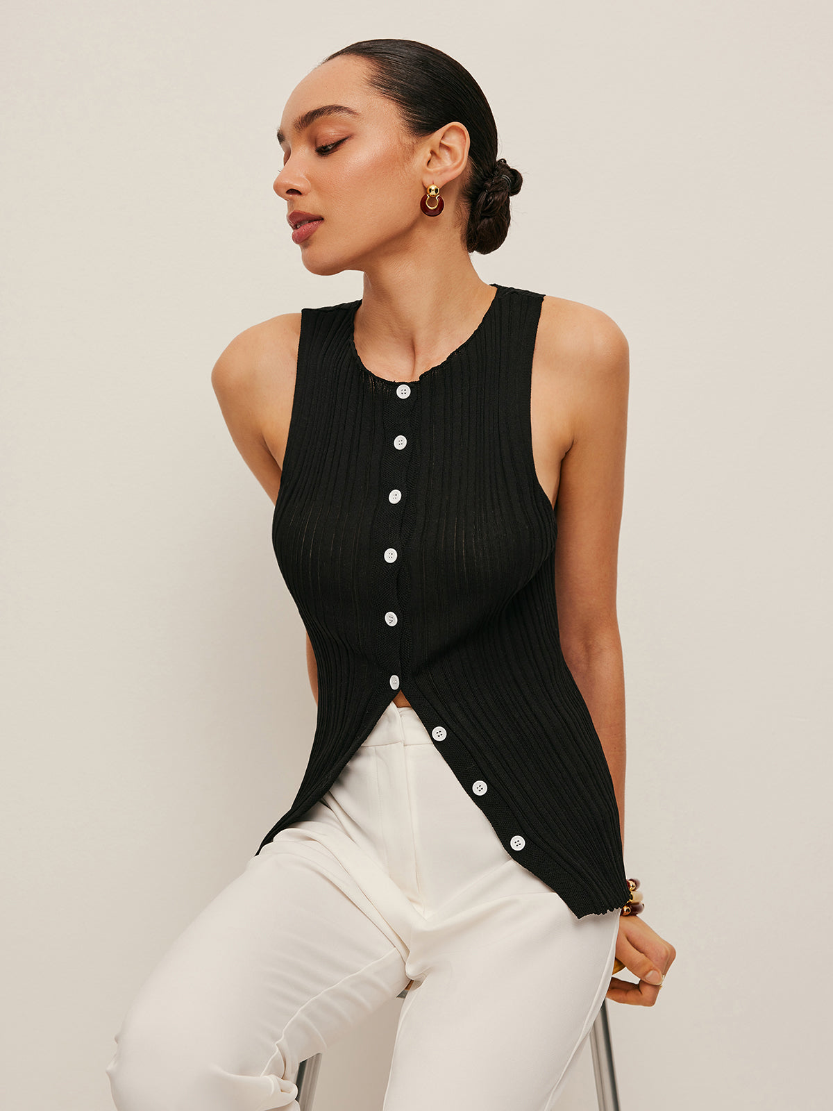 Sleeveless Ribbed Button-Front Top
