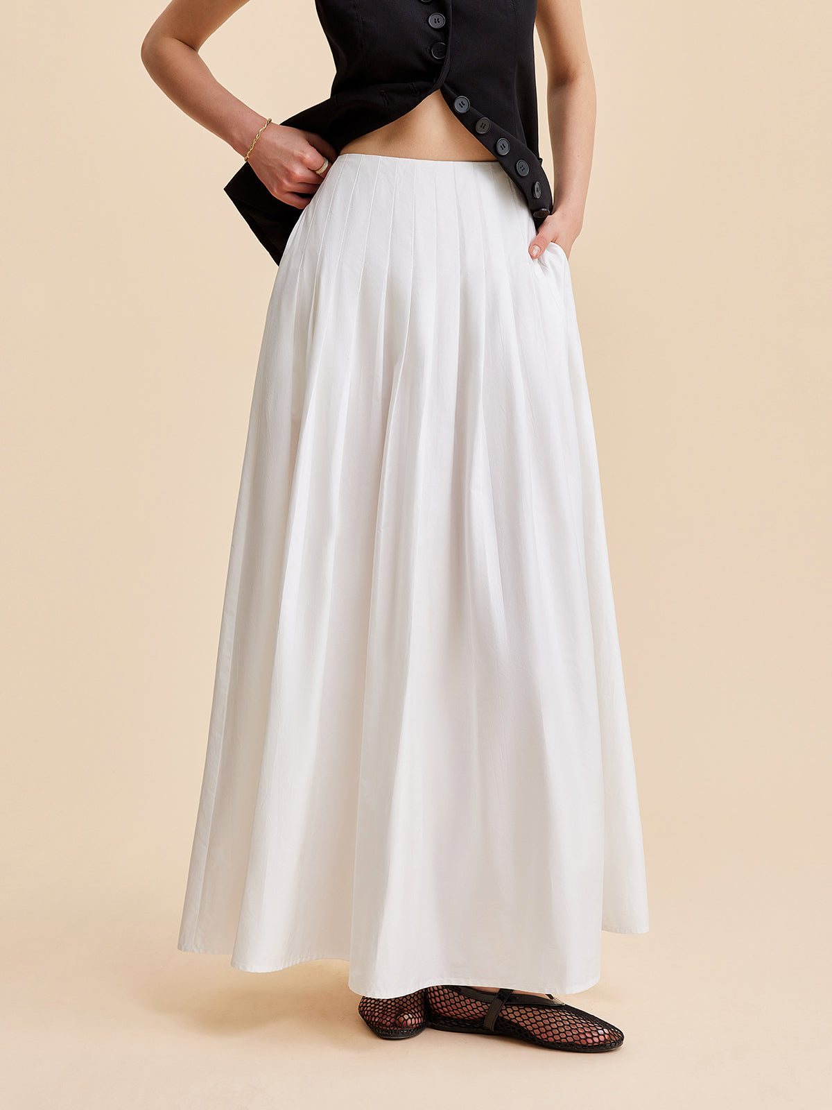 Pleated Cotton A-Line Skirt