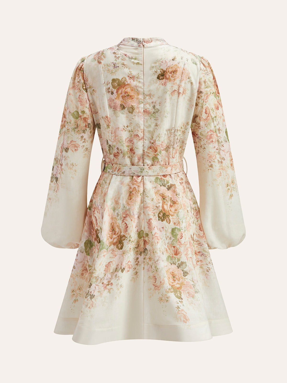 Cotton & Linen Puff Sleeve Floral Belted Dress