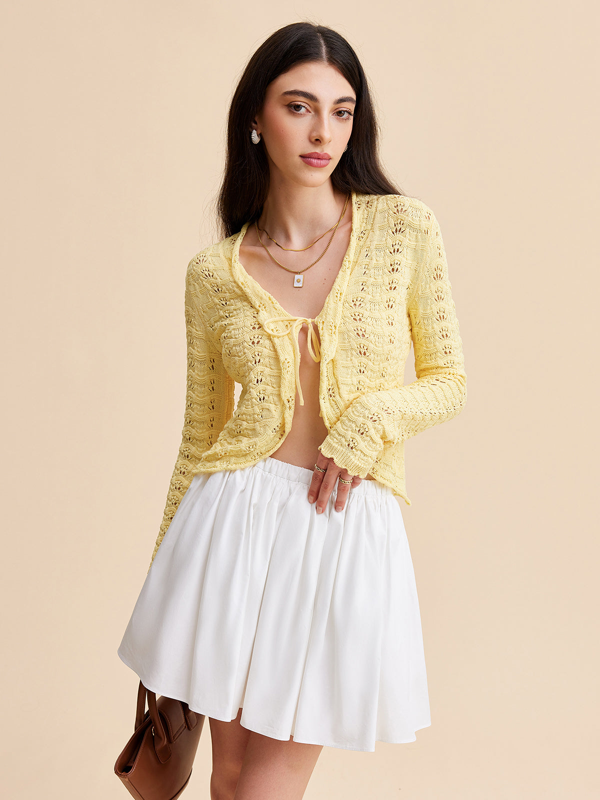 Tie-Front Crochet Knit Cardigan