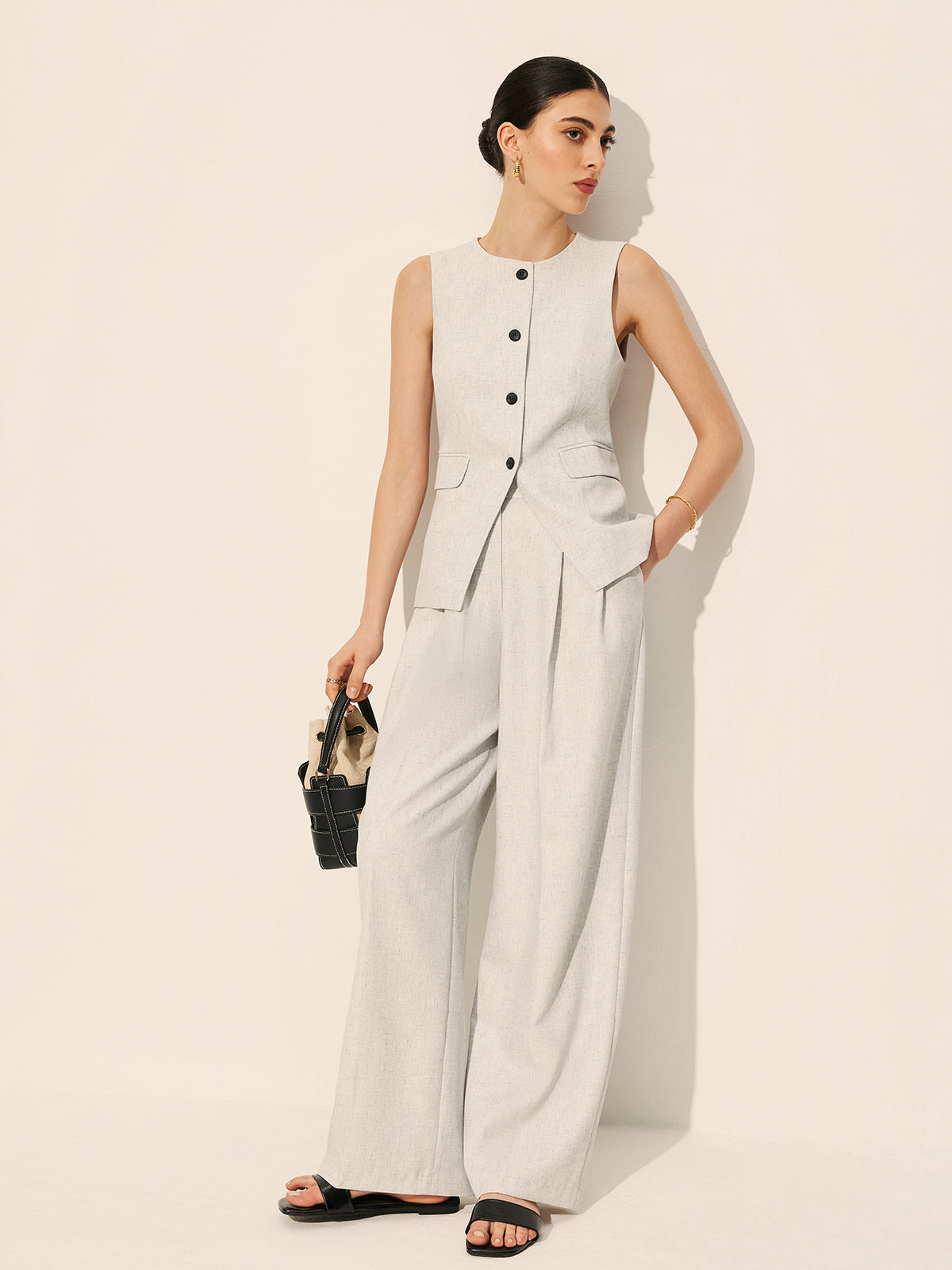 Mid-Waist Pleated Wide-Leg Pants