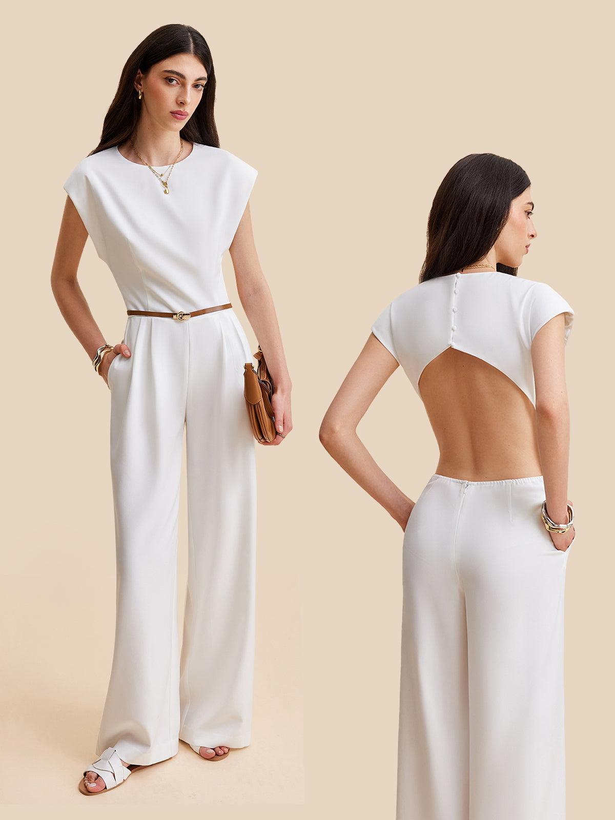 Cap Sleeve Buttoned Backless Jumpsuit
