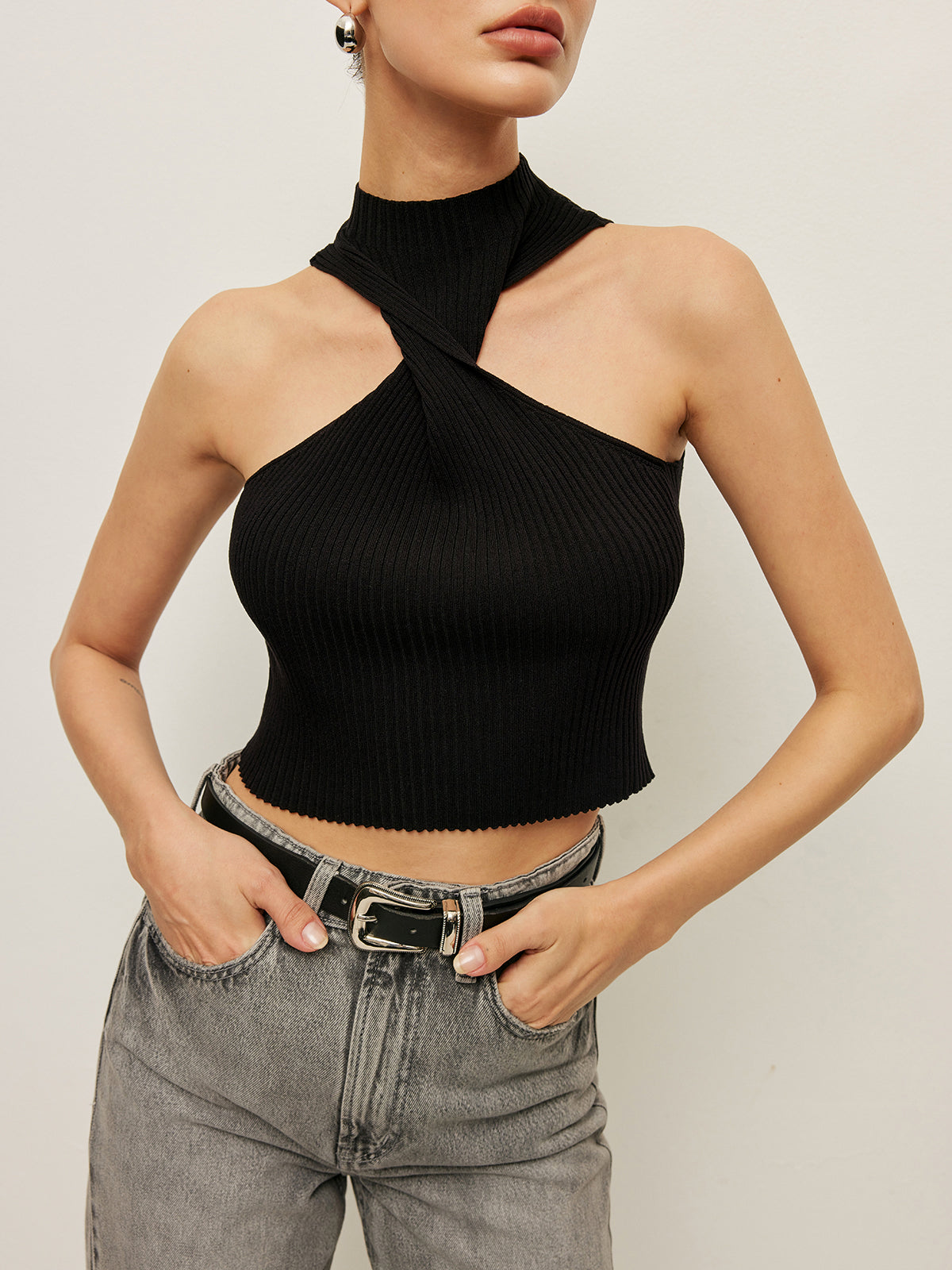 Ribbed Cross Halter Knit Top