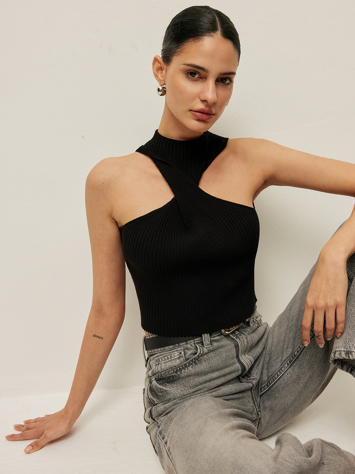 Ribbed Cross Halter Knit Top