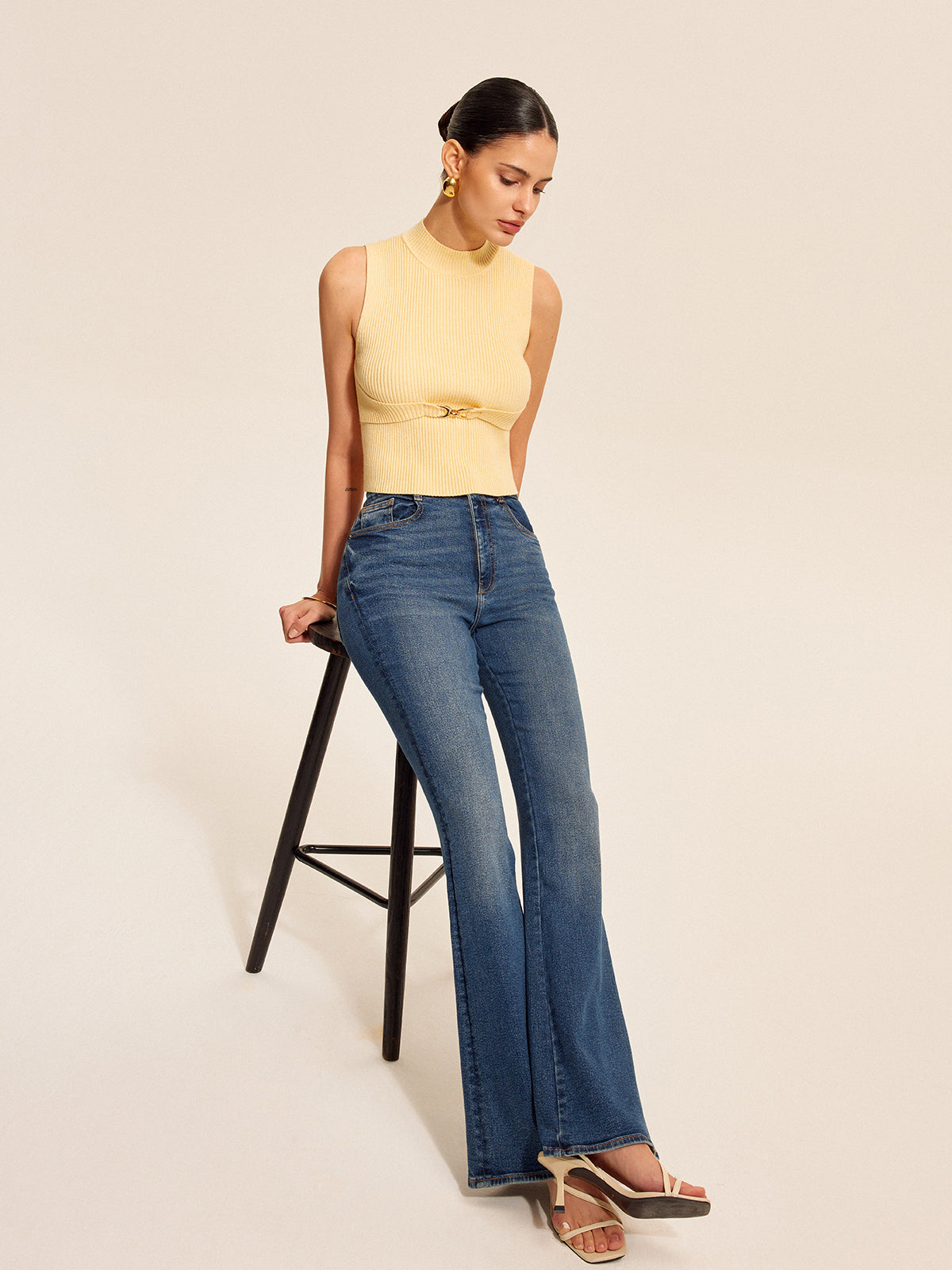 Ribbed Mock-Neck Top With Waist Chain Detail