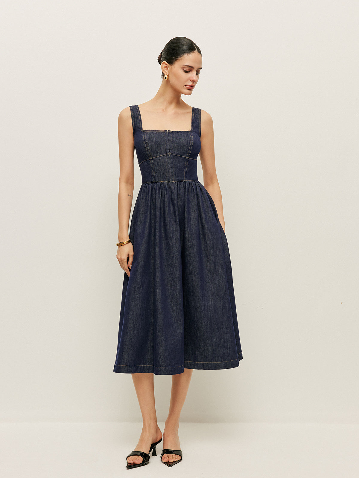 Square Neck Button-Front Denim Dress