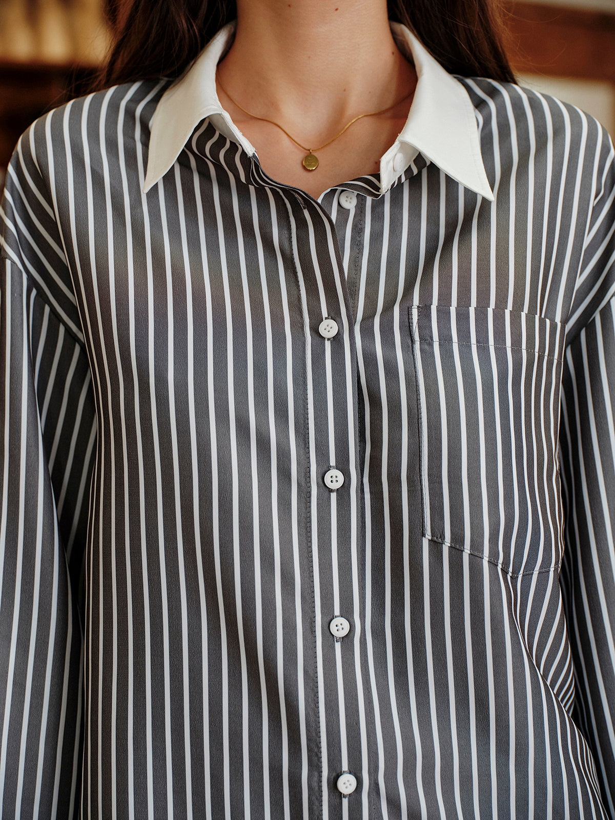 Striped Contrast Collar Button-Up Shirt