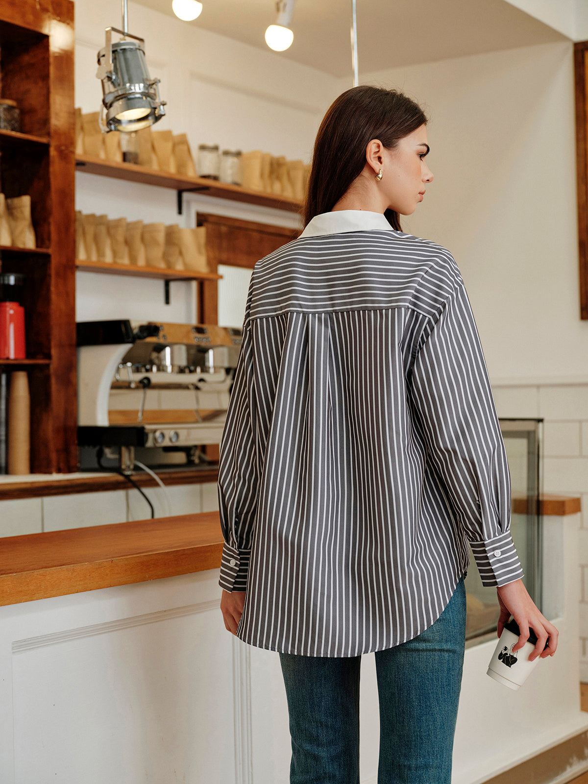 Striped Contrast Collar Button-Up Shirt