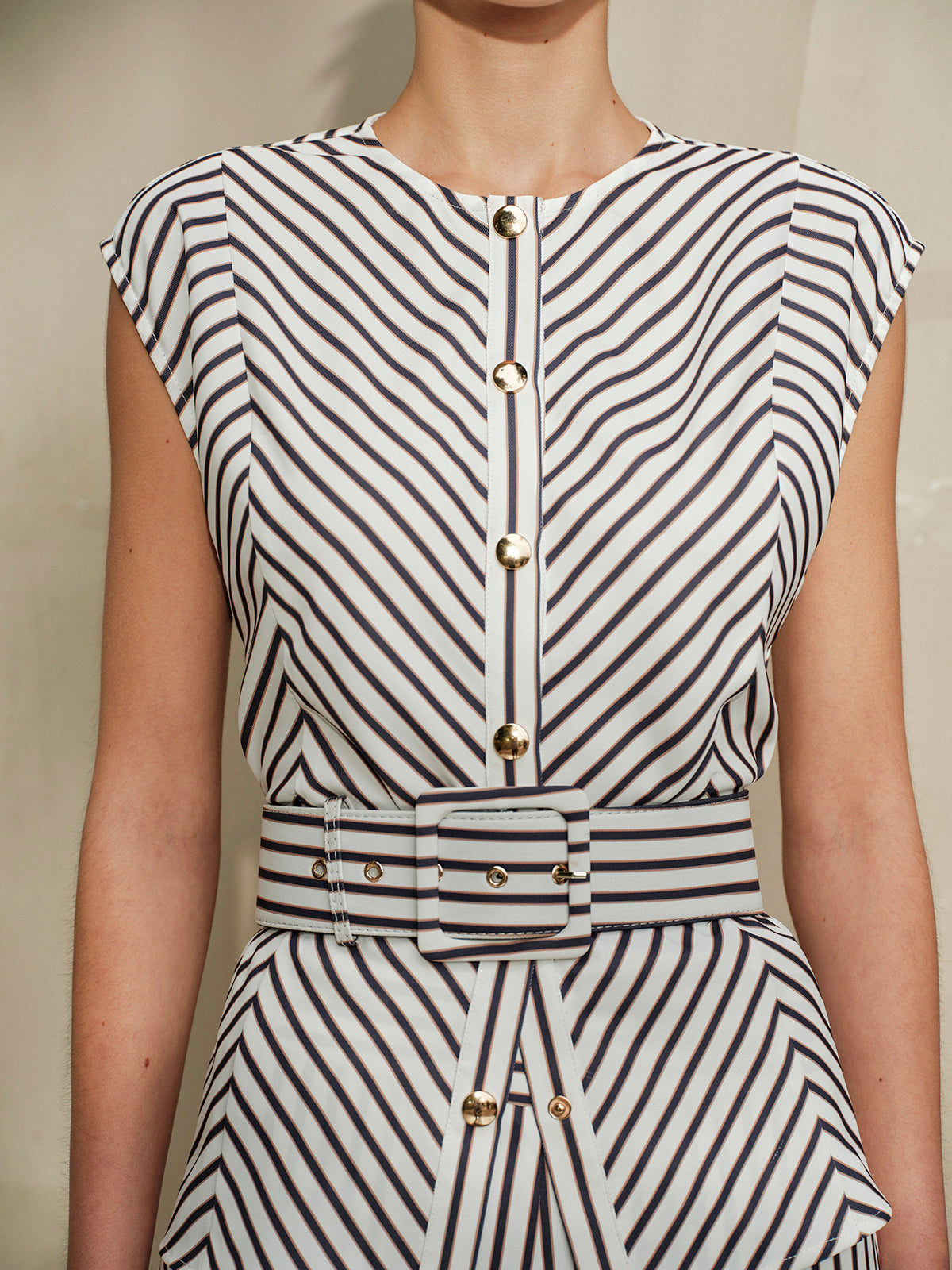 Striped Metal Round-Neck Shirt With Belt