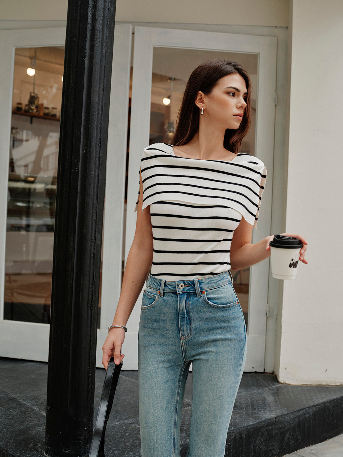 Striped Shawl-Collar Knit Top