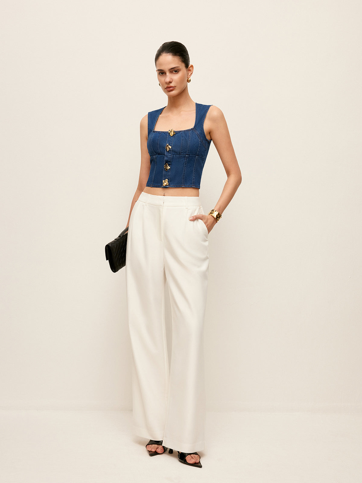 Cotton Square Neck Button Detail Denim Top