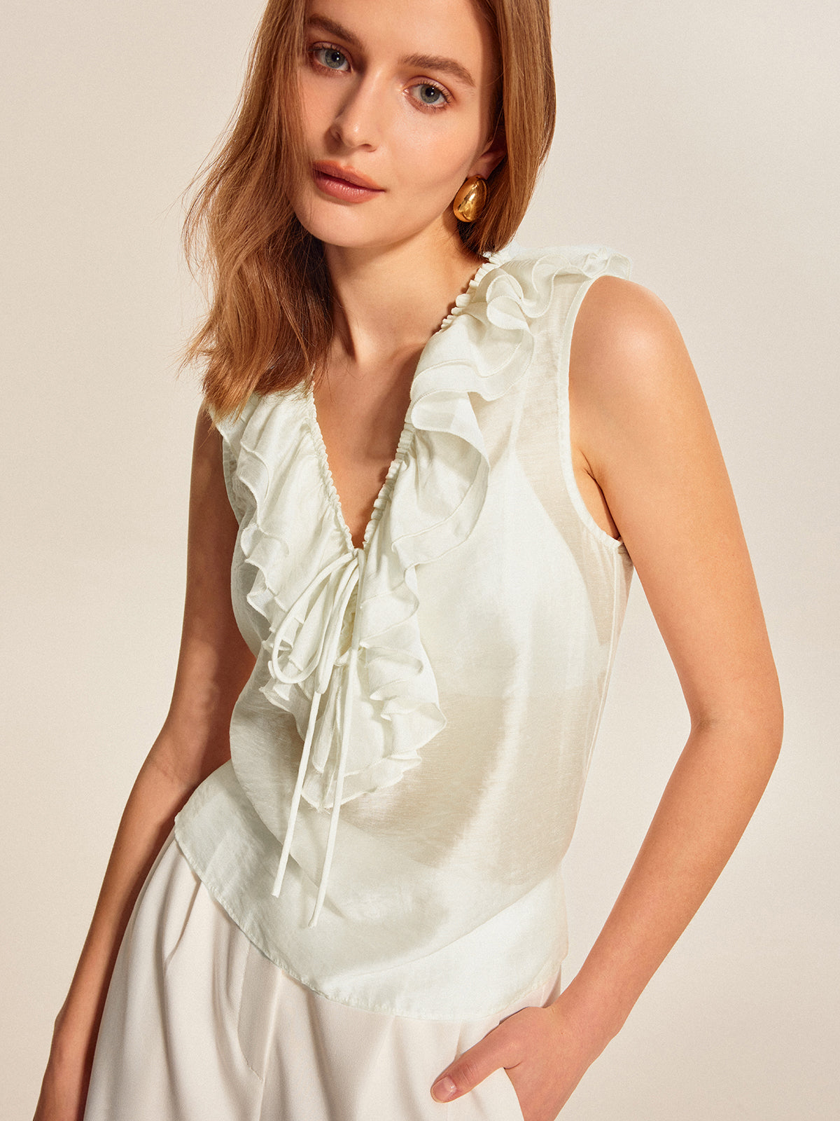 Semi-Sheer Ruffled Tie-Front Top