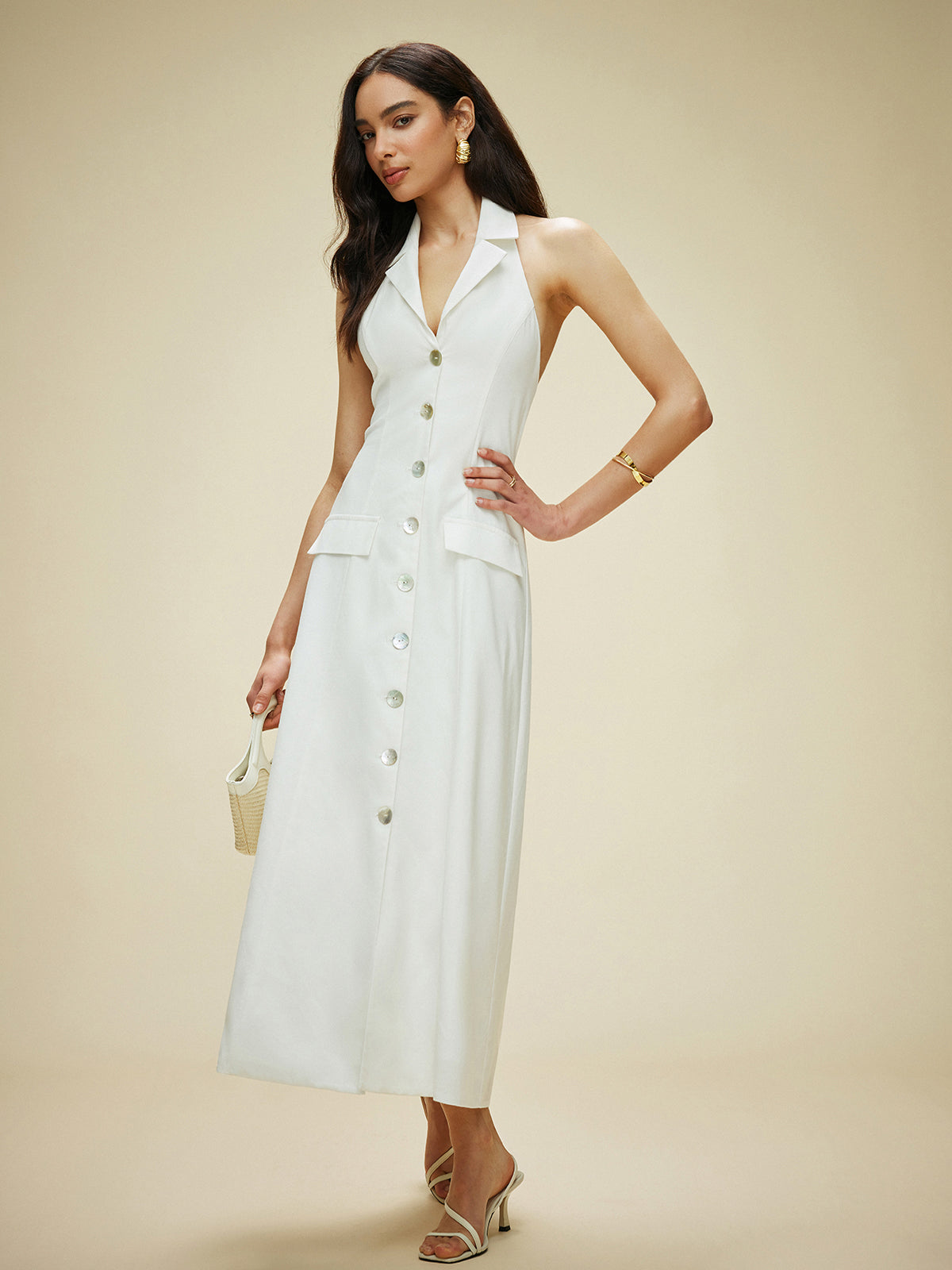 Cotton & Linen Pocket-Detail Halter Neck Tie-Back Dress