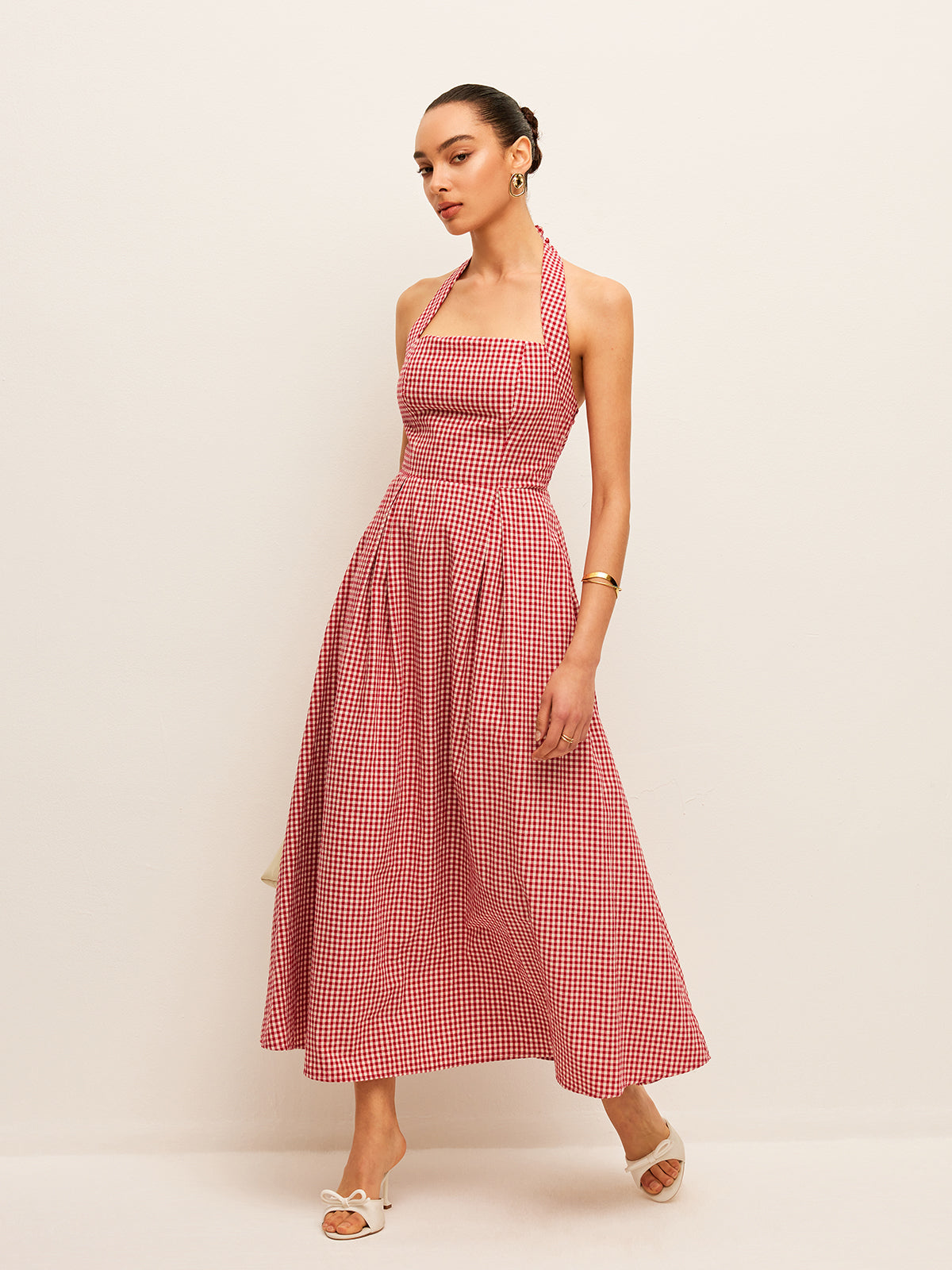 Cotton & Linen Plaid Halter Dress