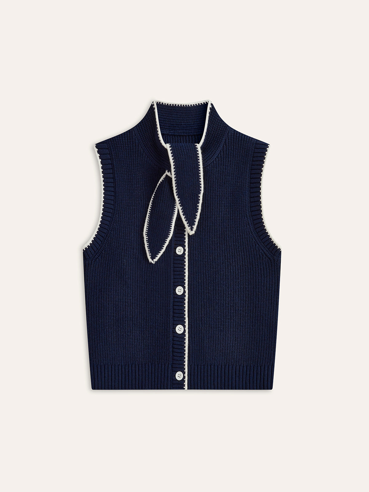 Tie Neck Contrast Trim Button Sweater Vest