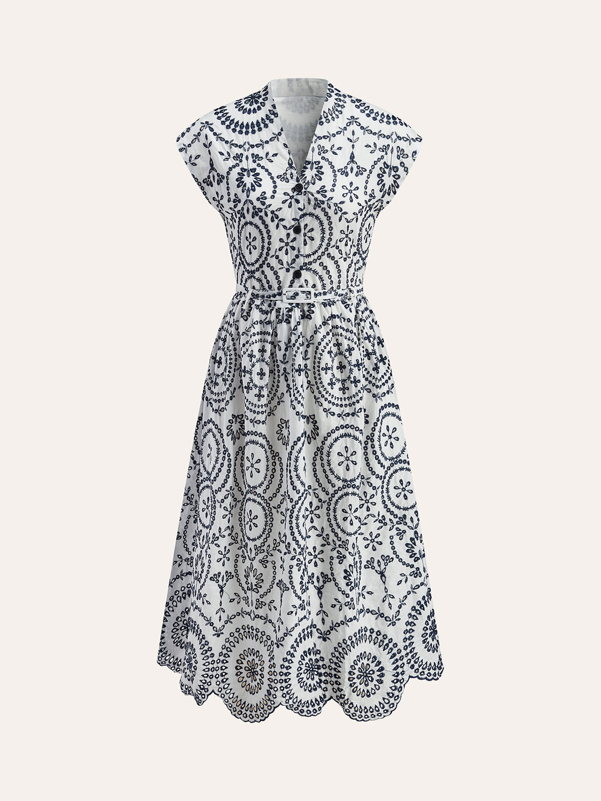 Embroidered V-Neck Belted Dress