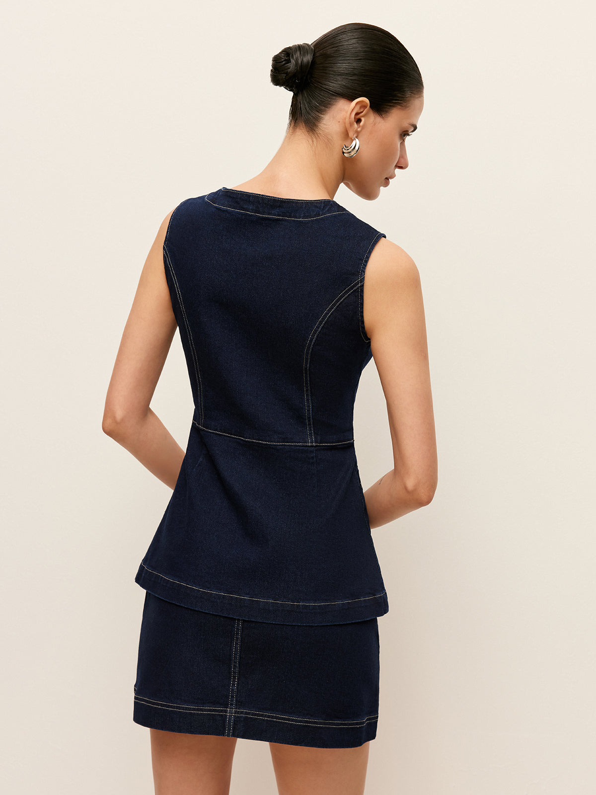 Denim Button-Front Vest With Pockets