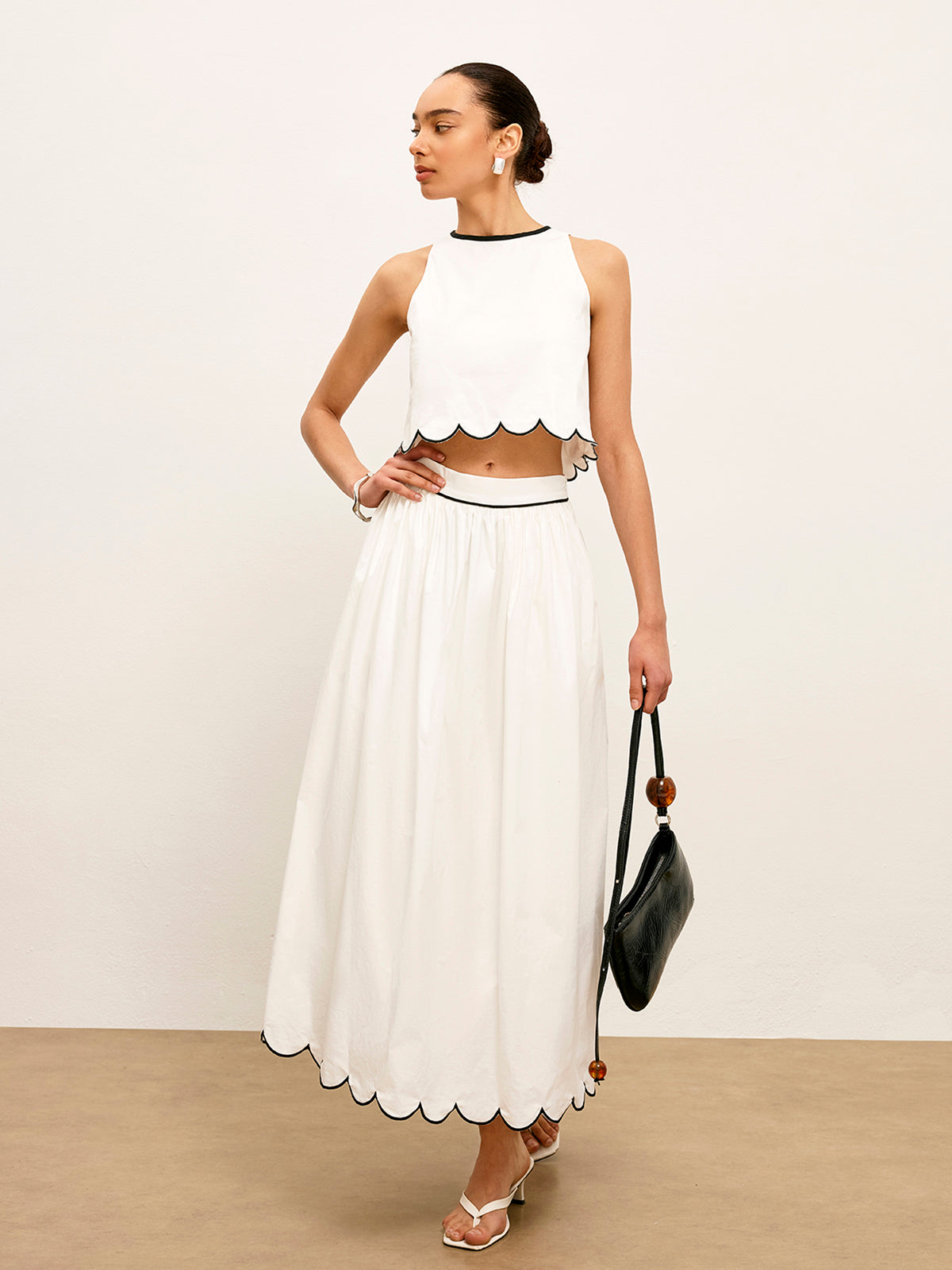 Scallop Trim Color Block Sleeveless Skirt Set