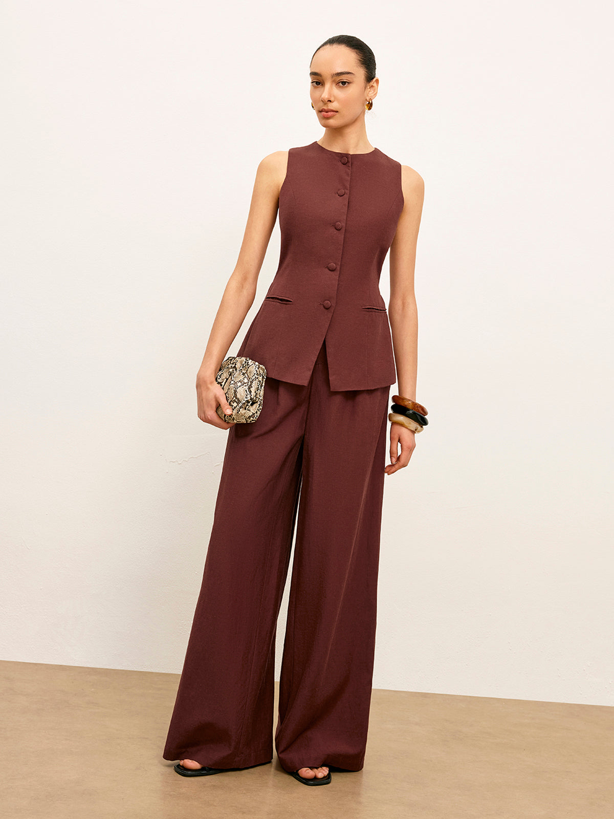 Mid-Waist Wide-Leg Pants With Pockets