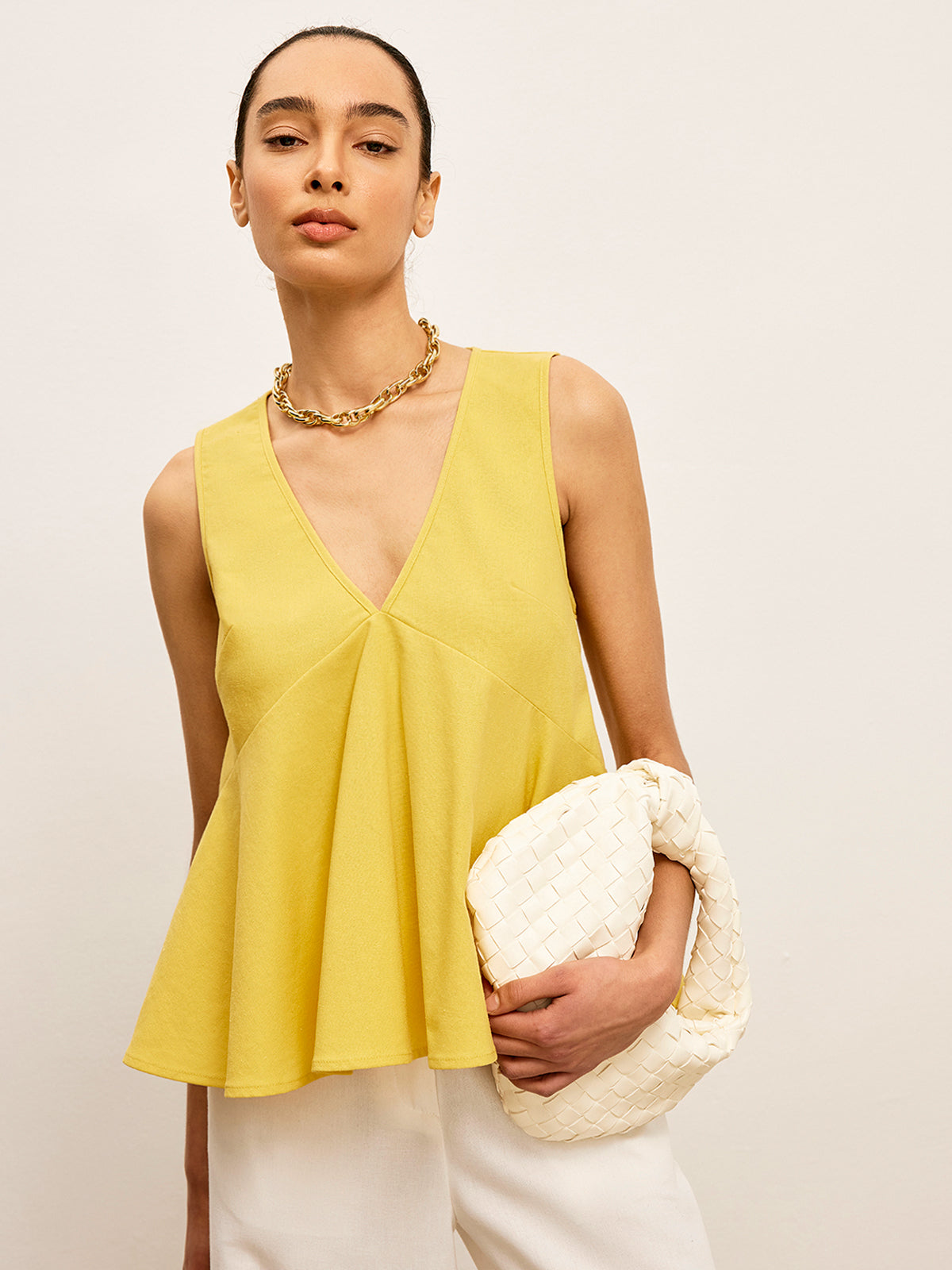 Cotton & Linen V-Neck Peplum Top