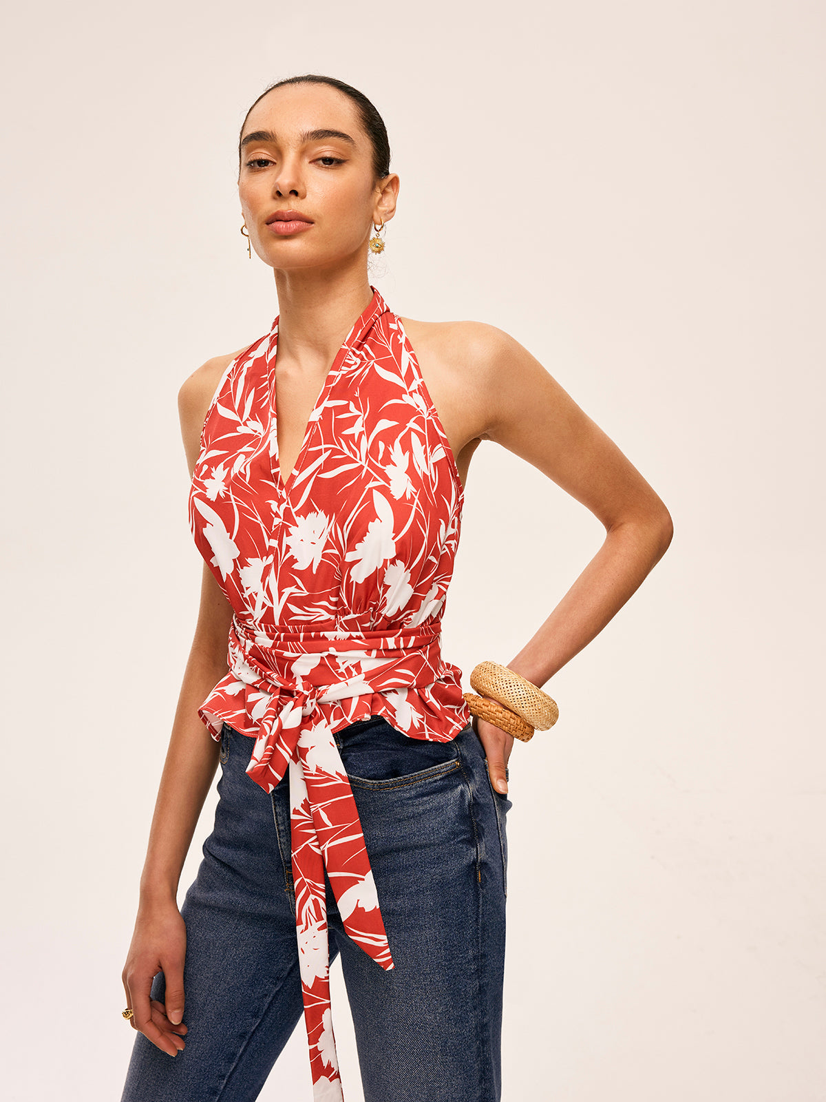 Floral Halter Neck Tie Waist Top