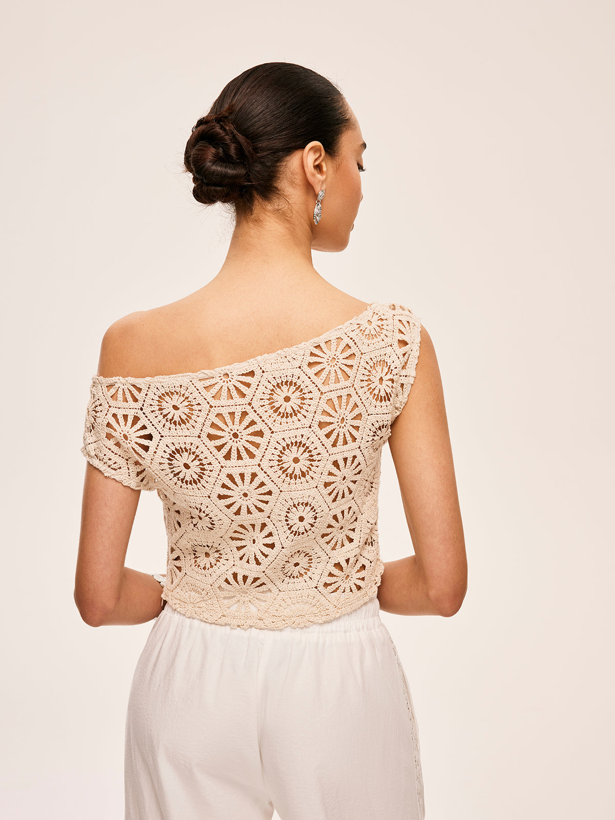 Asymmetrical Off-Shoulder Semi-Sheer Crochet Top