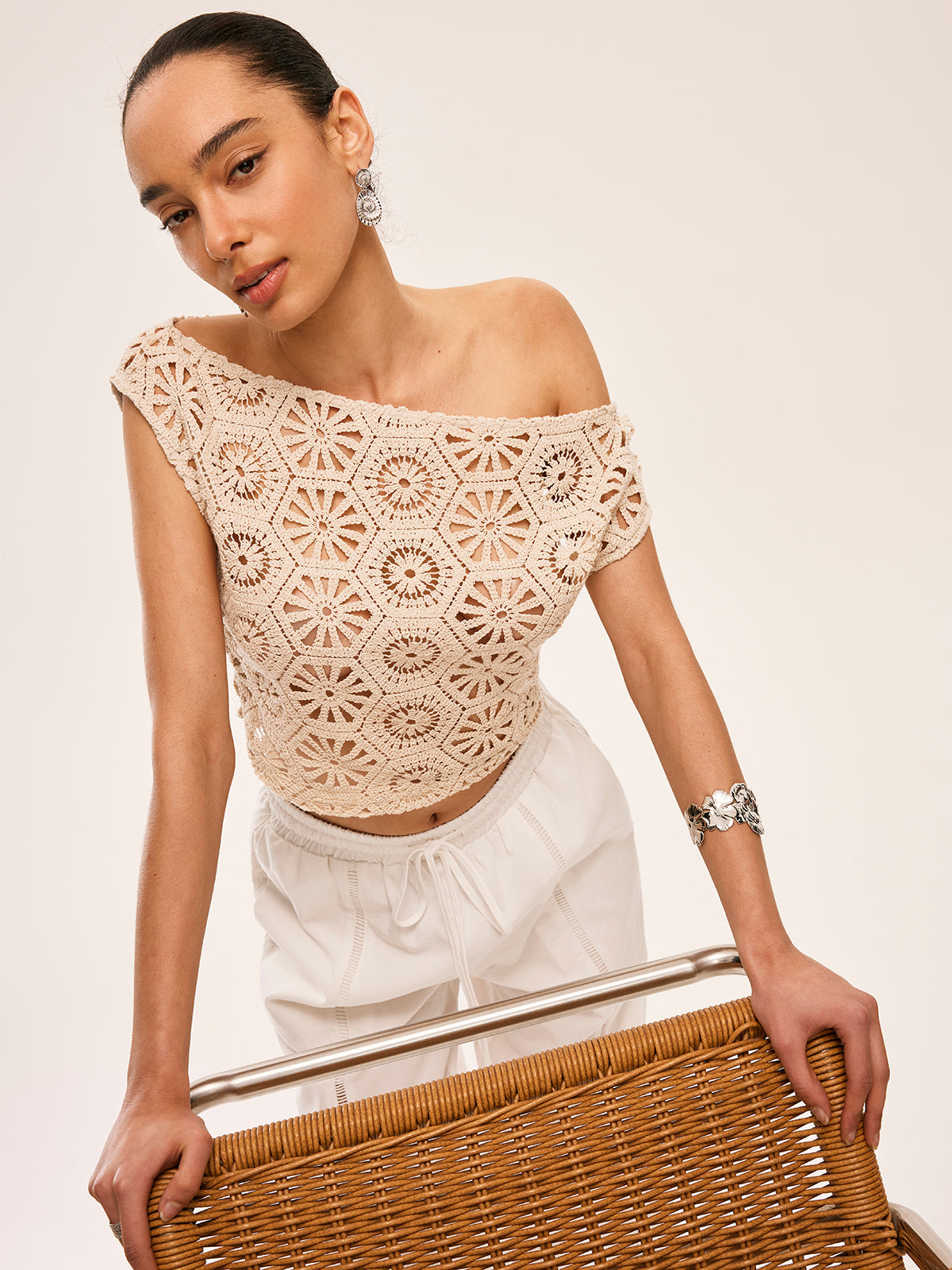 Asymmetrical Off-Shoulder Semi-Sheer Crochet Top