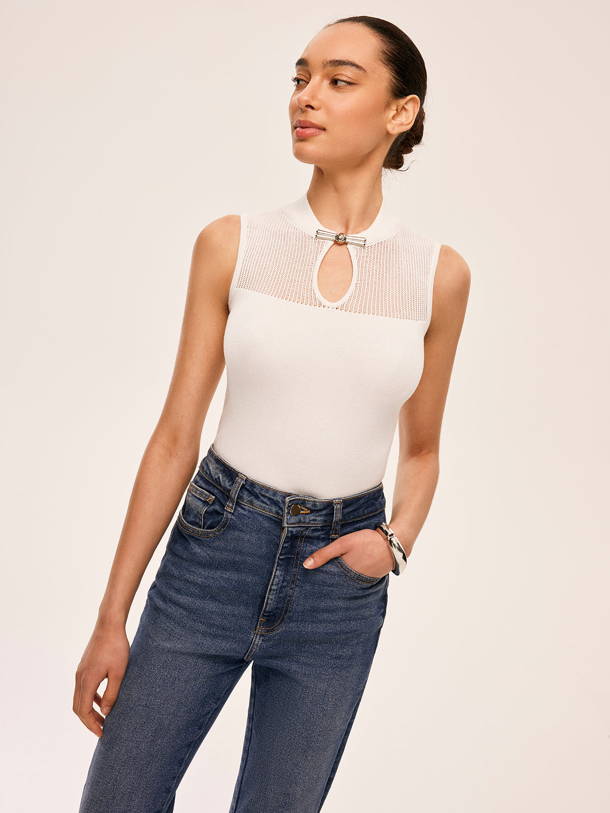 Mesh Detail Keyhole Neck Ribbed Top