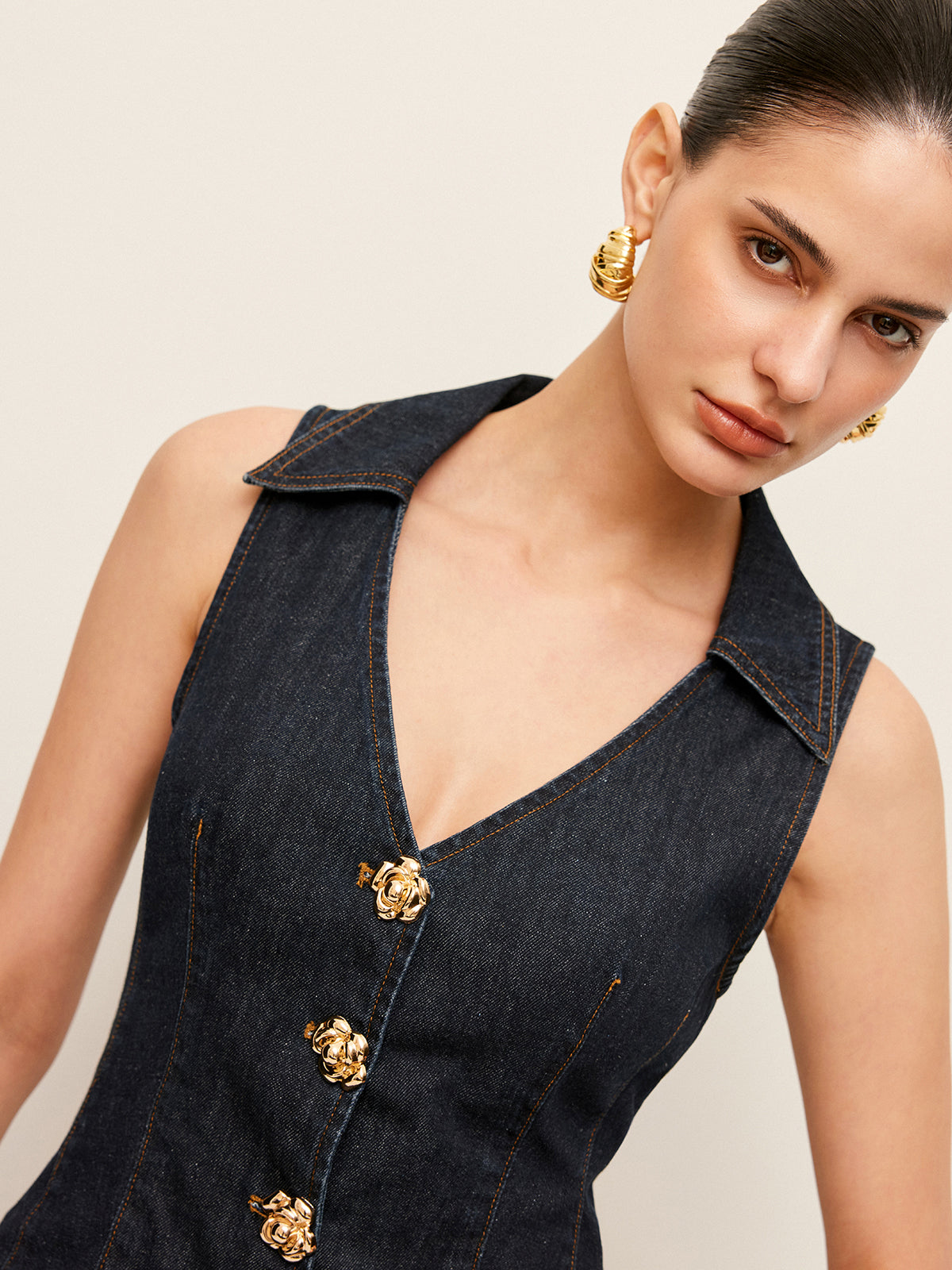 Denim Collared Vest With Floral Button Detail