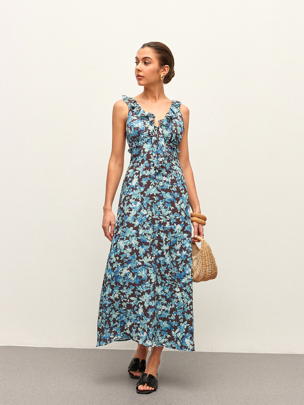 Floral Lettuce Trim V-Neck Zipper Dress