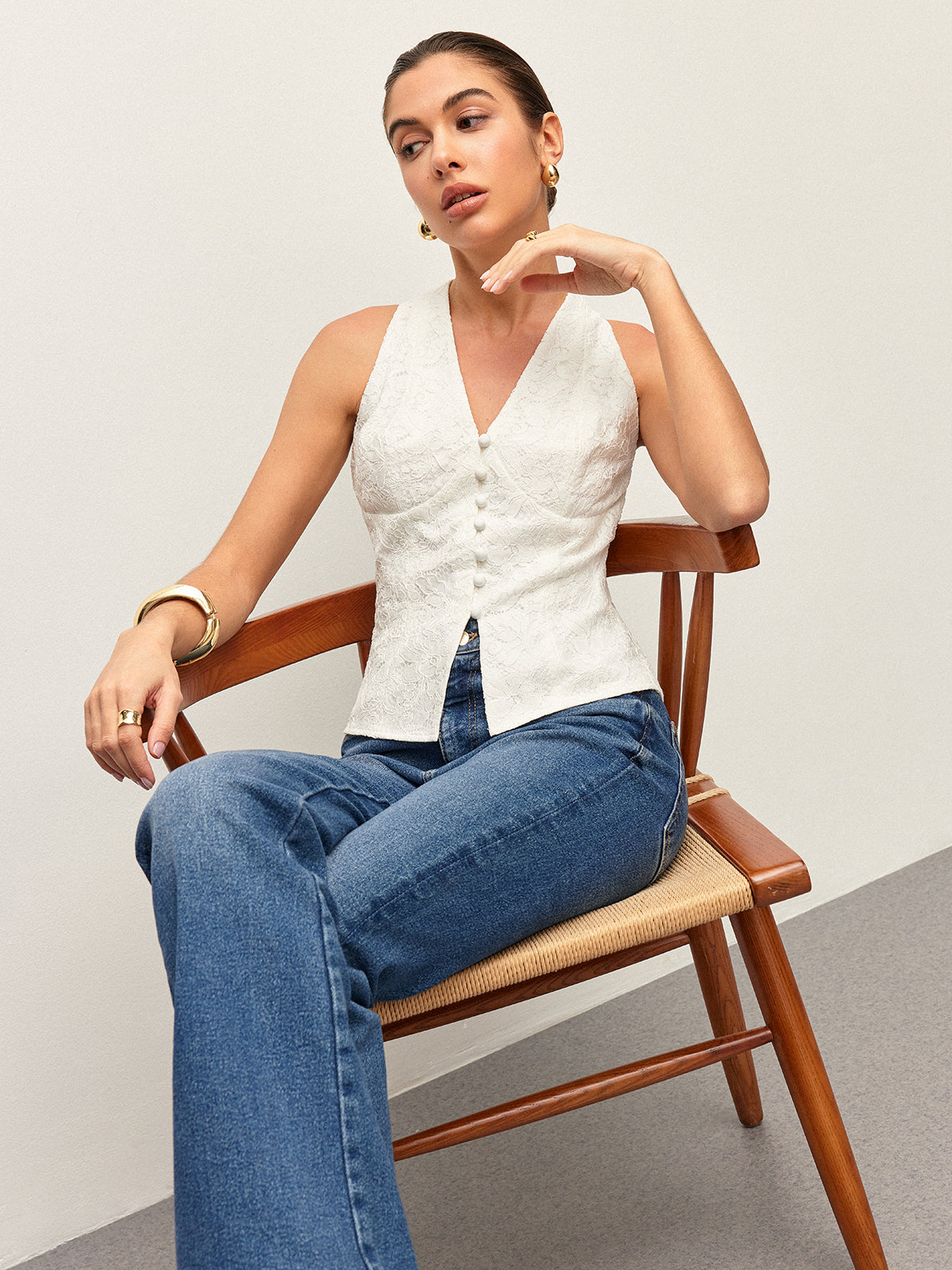 Lace Button Detail Halter Top