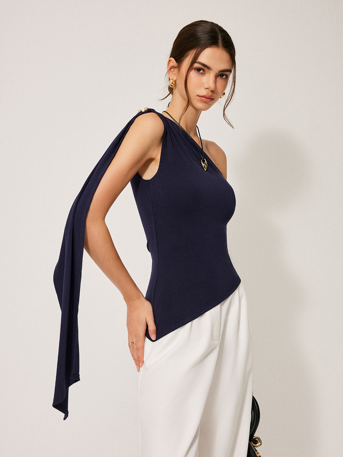 One-Shoulder Draped Tie Detail Top