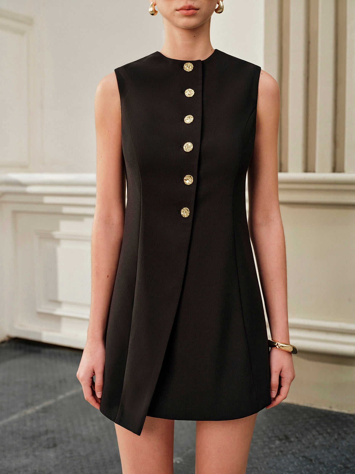 Asymmetrical Tie-Back Metal Button Dress