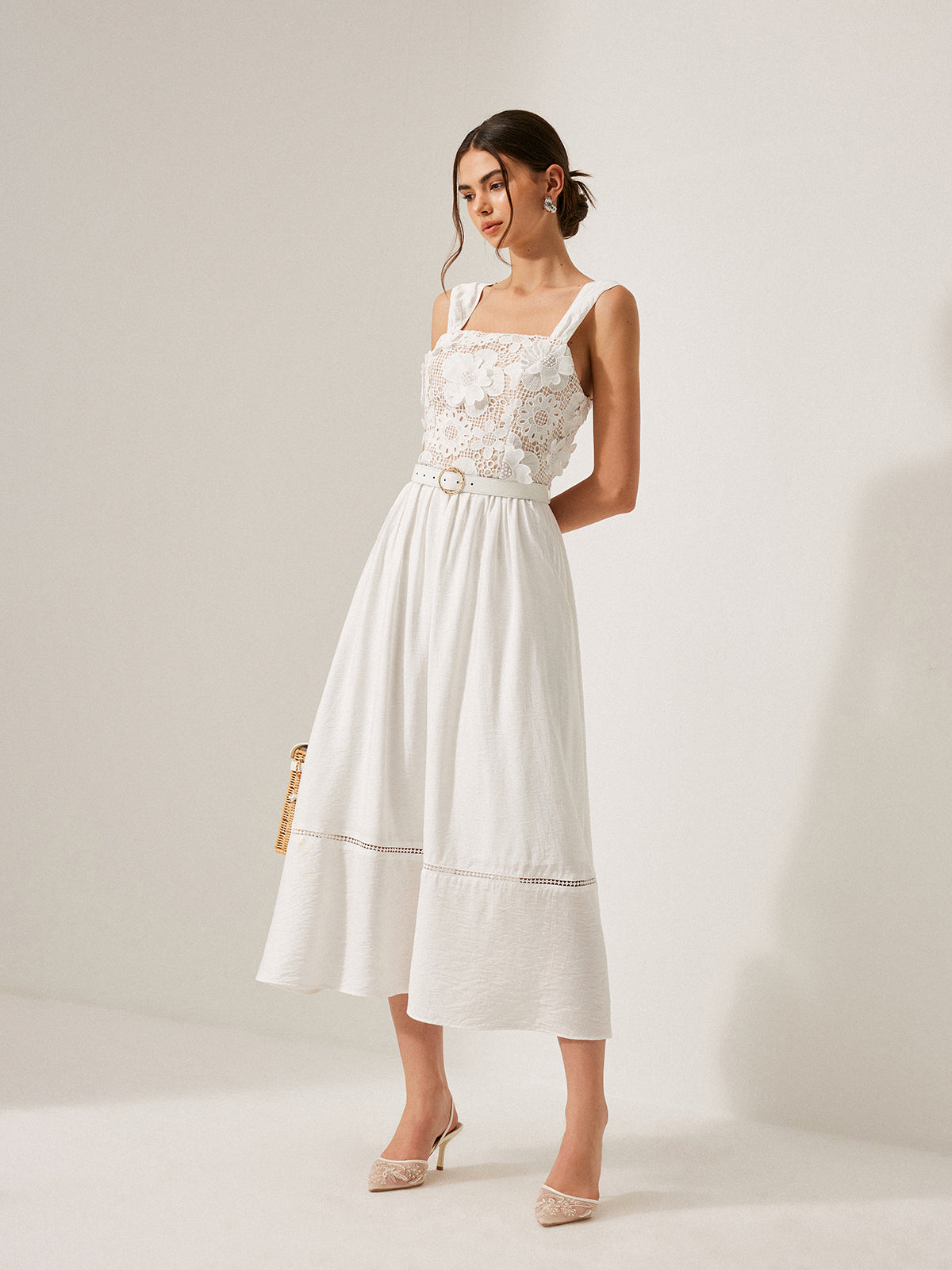 Cotton Floral Lace Belted Dress