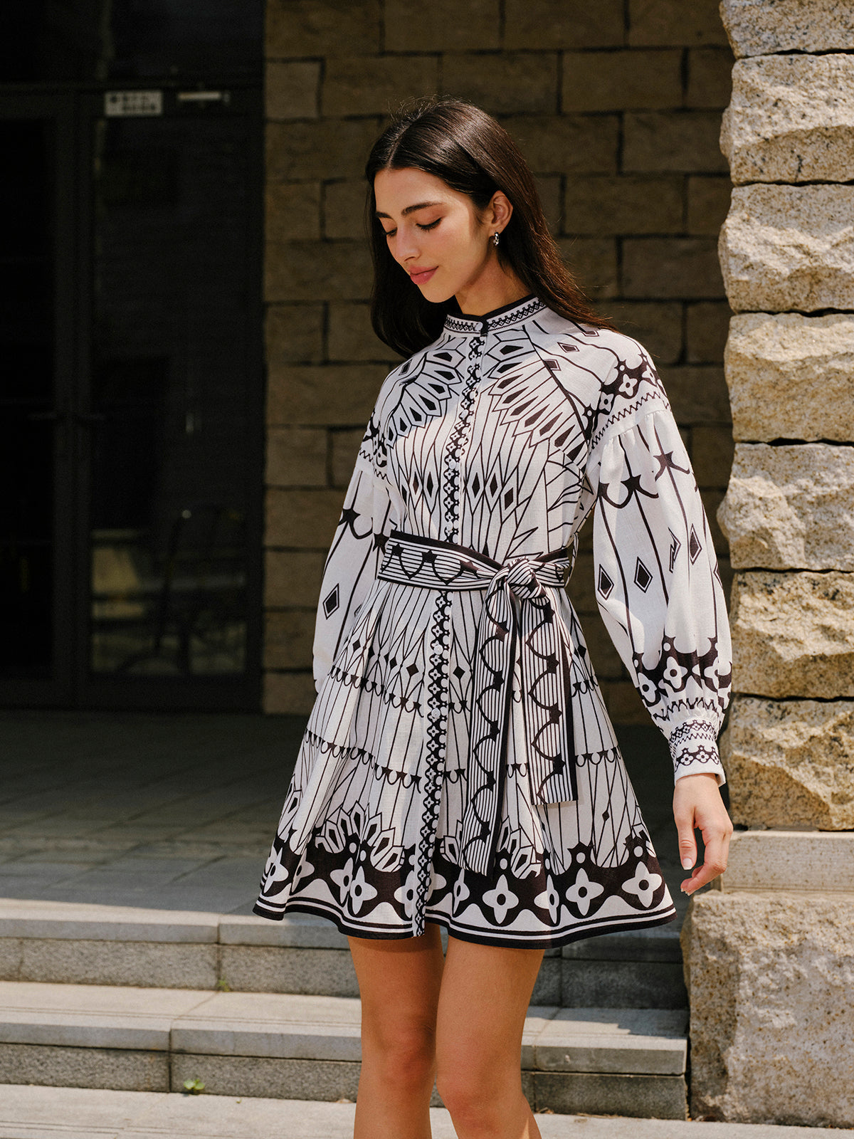 Linen Blend Long Sleeve Belted Dress