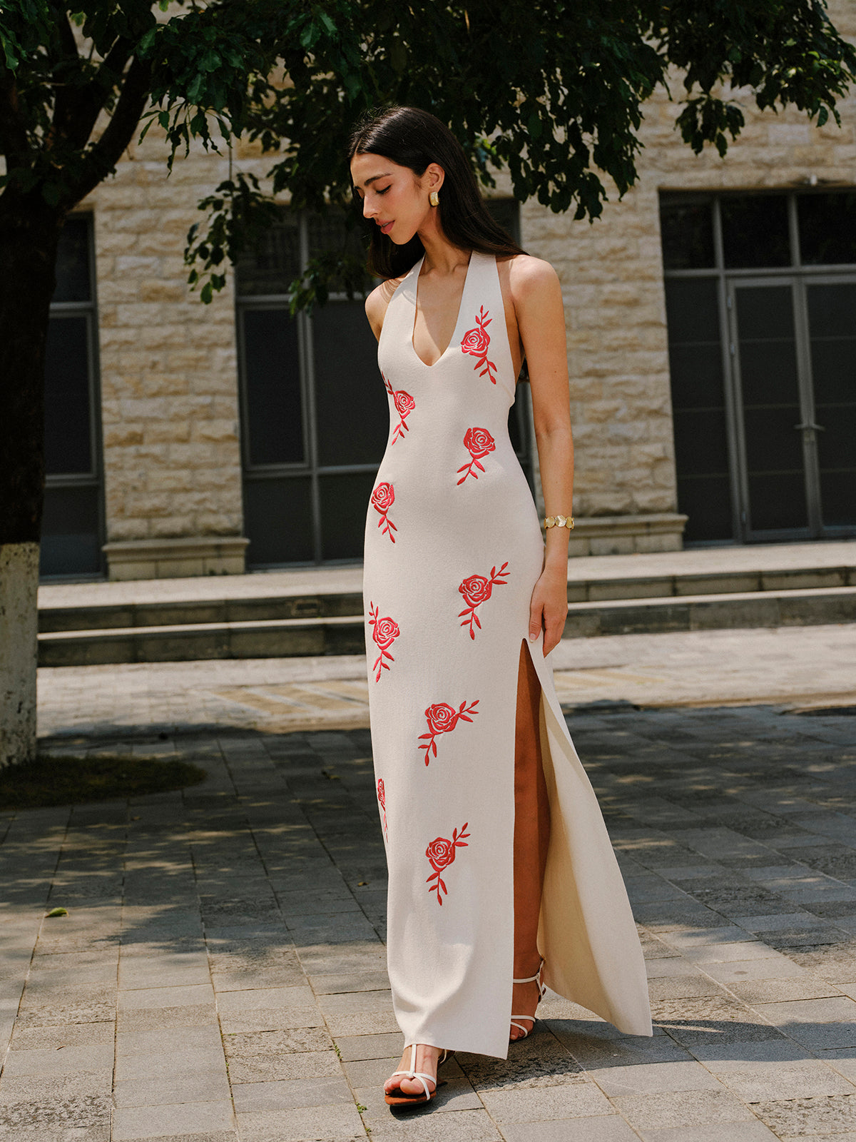 Embroidered Split Knit Halter Dress