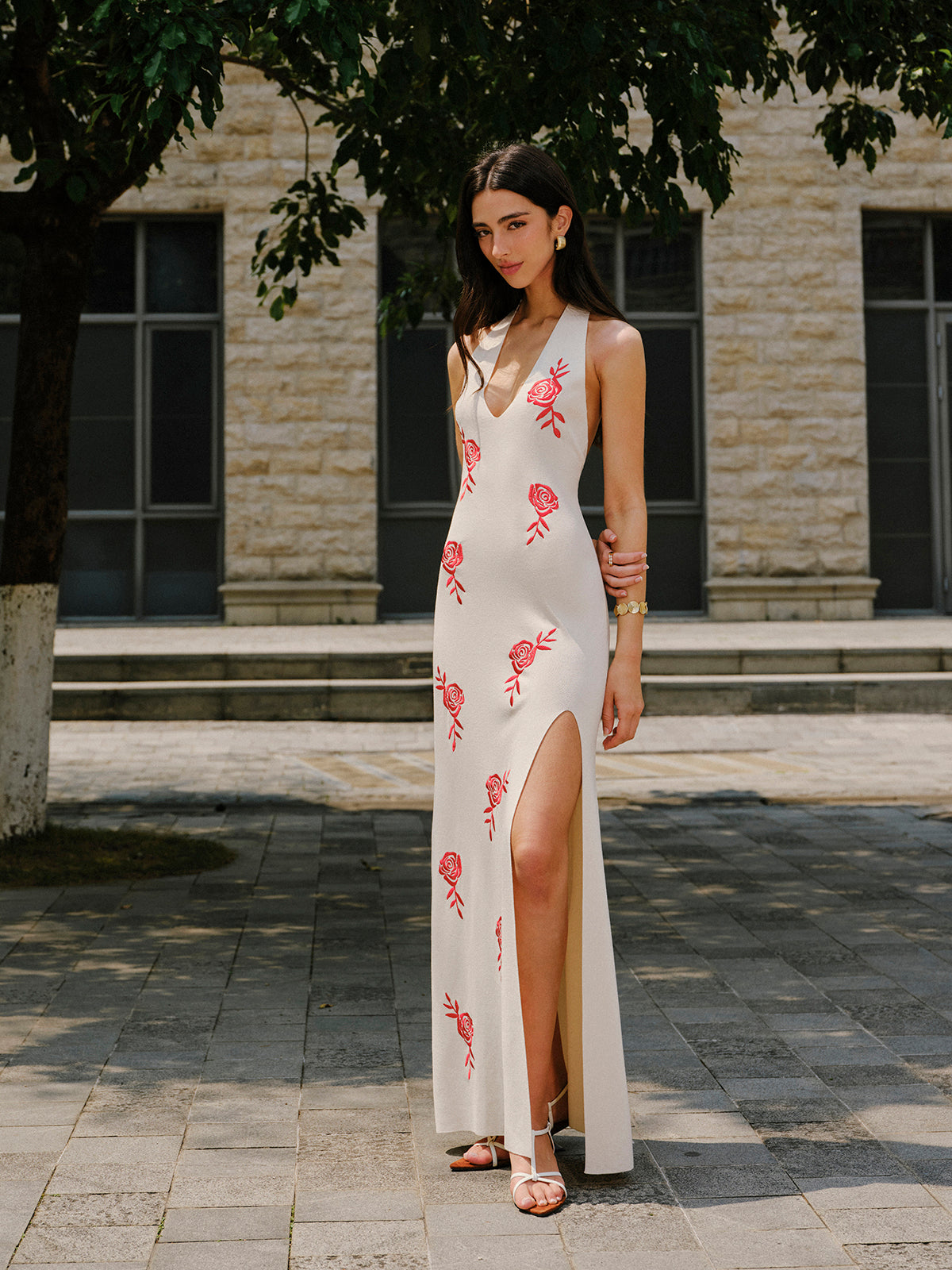 Embroidered Split Knit Halter Dress