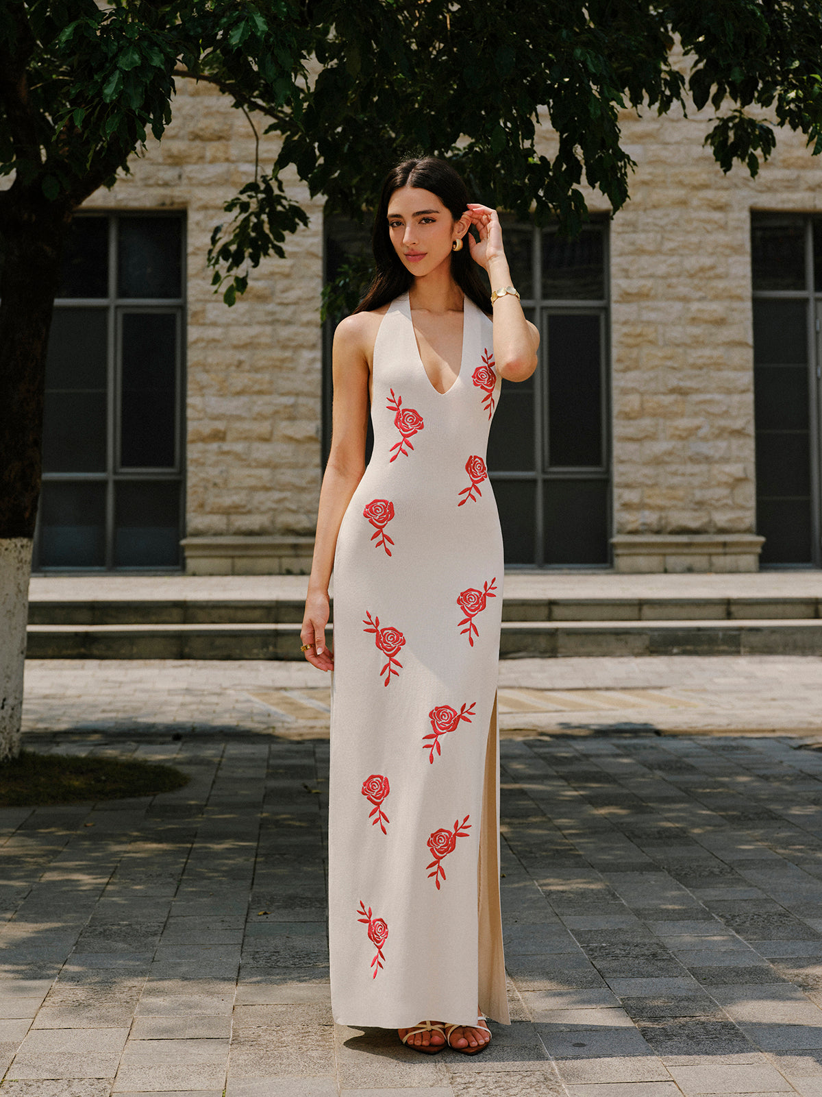 Embroidered Split Knit Halter Dress