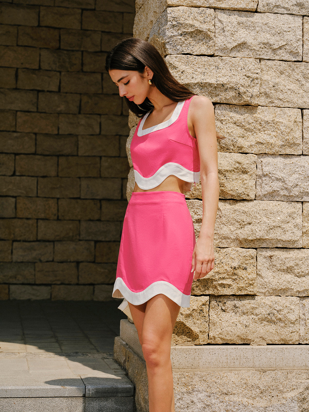 Color Block Trim Cotton & Linen Skirt Set