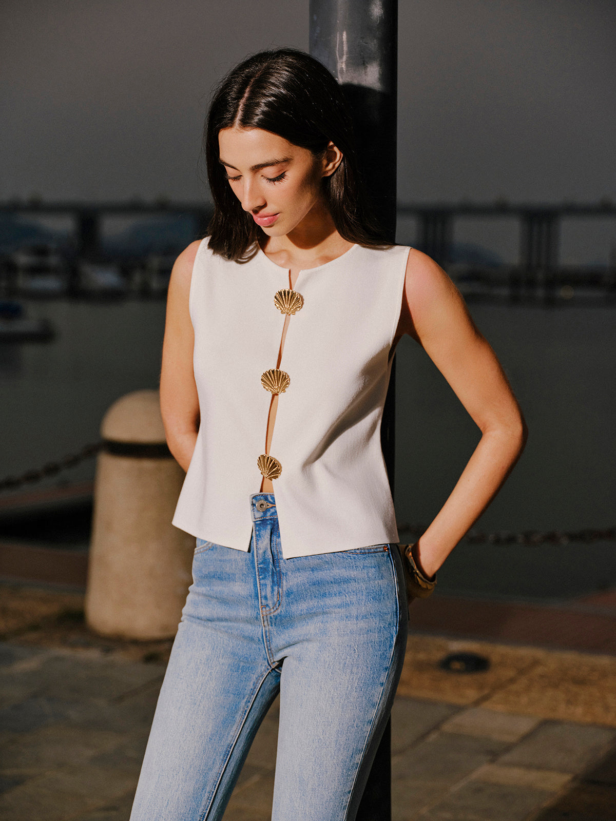 Shell Button Detail Sleeveless Top
