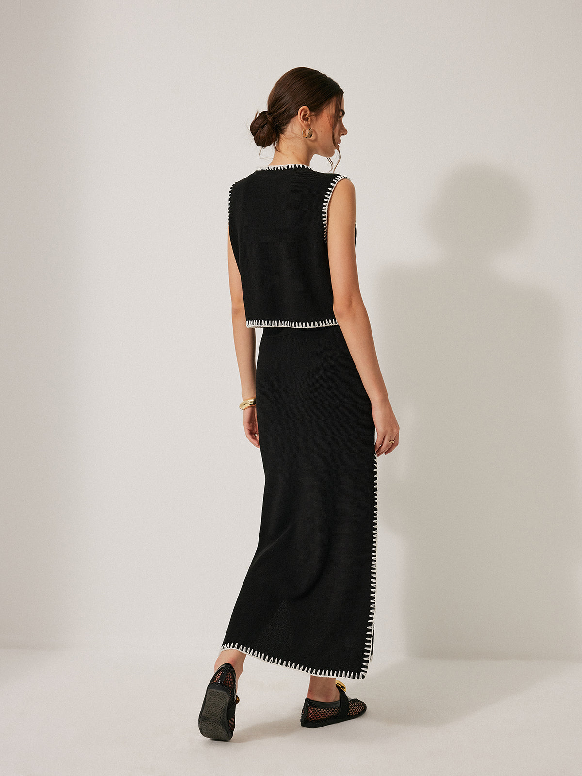 Contrast Trim Knit Tank Top With Skirt Set