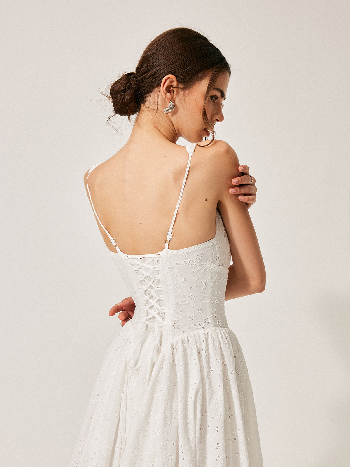 Cotton Embroidered Back Lace-Up Dress