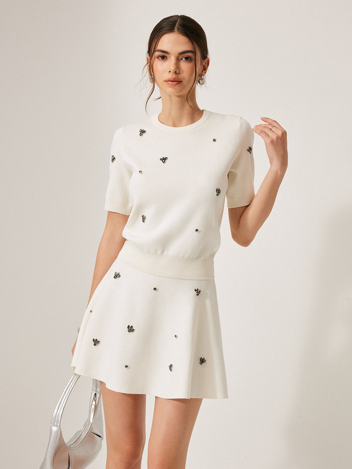 Short Sleeve Metal Detail Plain Sweater