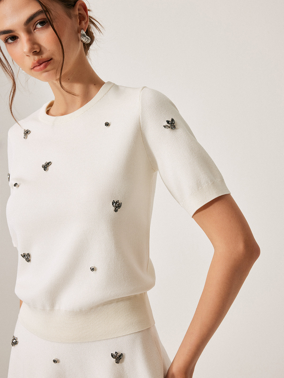 Short Sleeve Metal Detail Plain Sweater