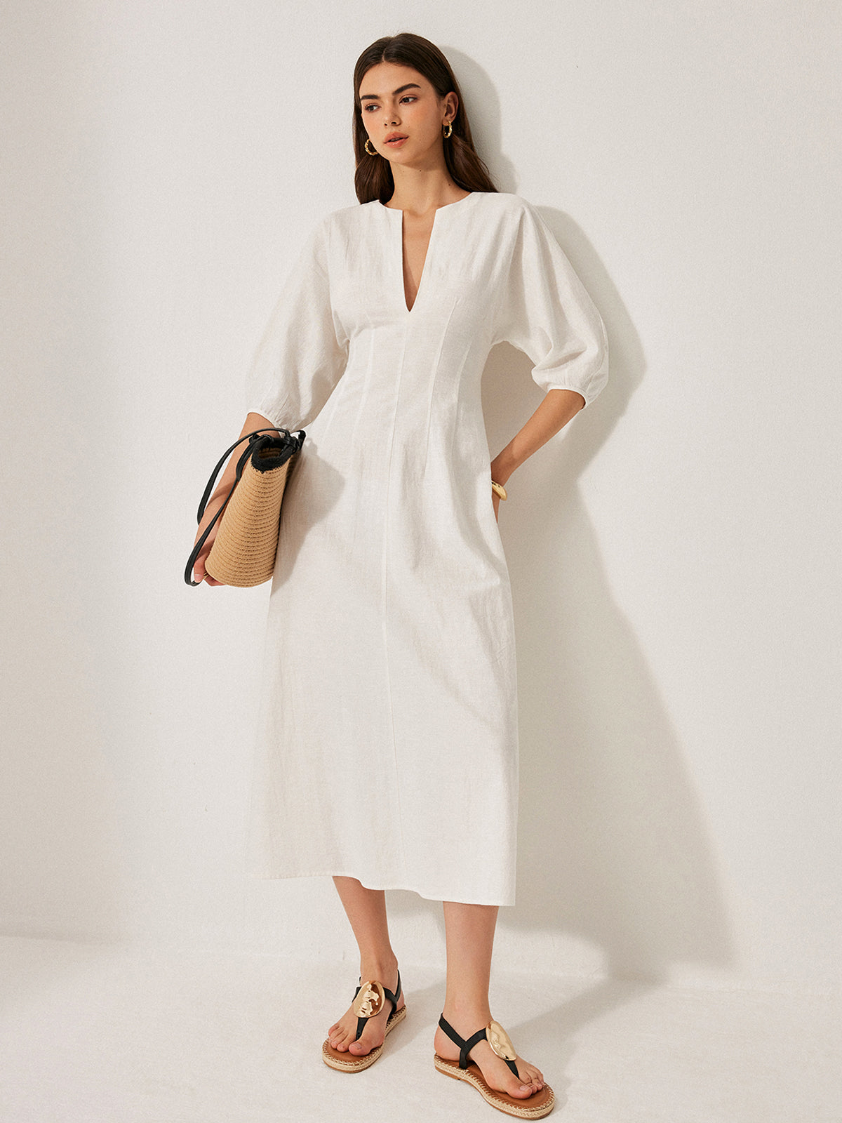 Cotton & Linen Puff Sleeve Dress Without Belt