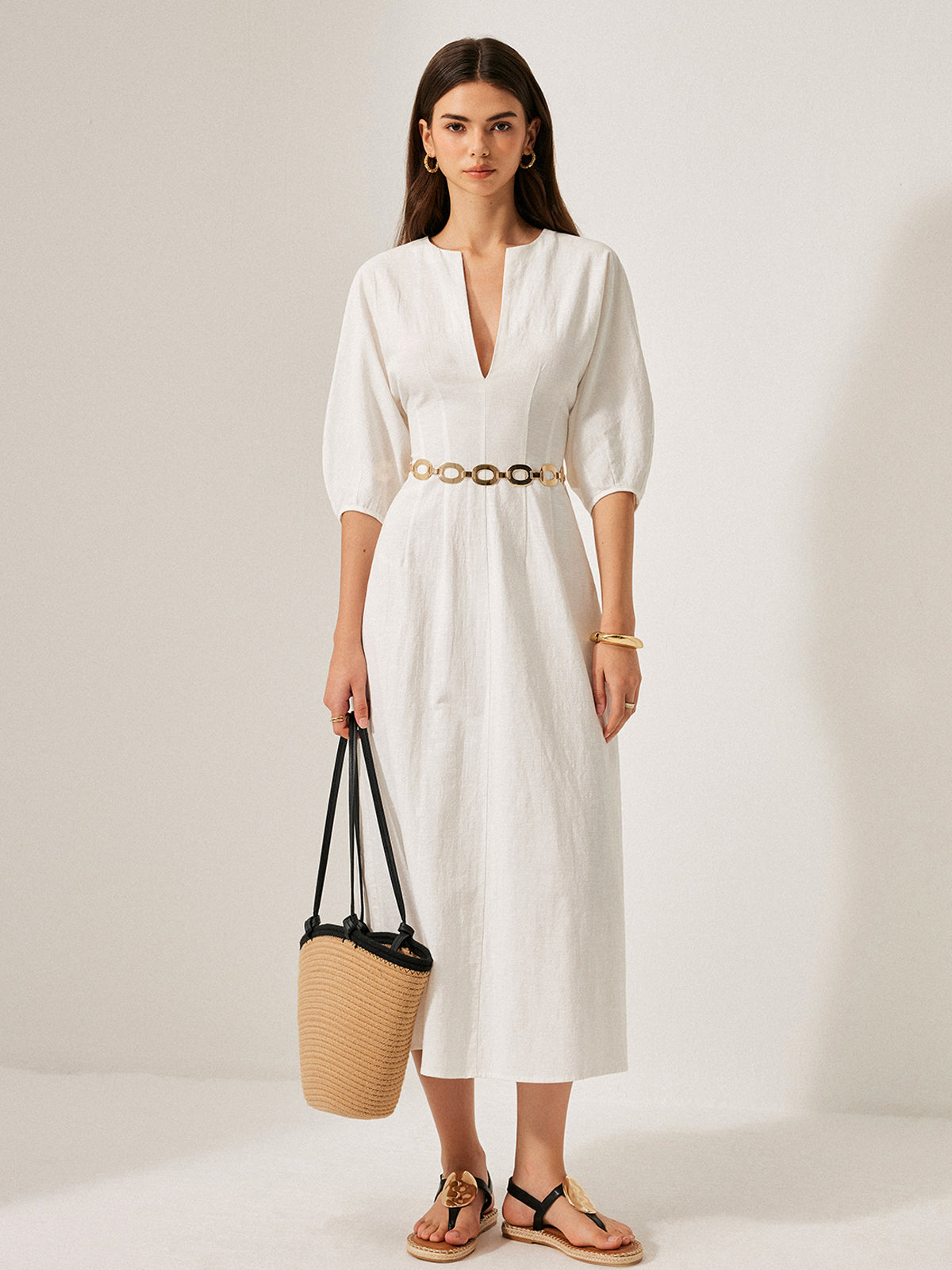 Cotton & Linen Puff Sleeve Dress Without Belt